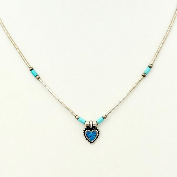 Sterling Silver Necklace w/Heart Turquoise Inlay - Picture 3 of 7